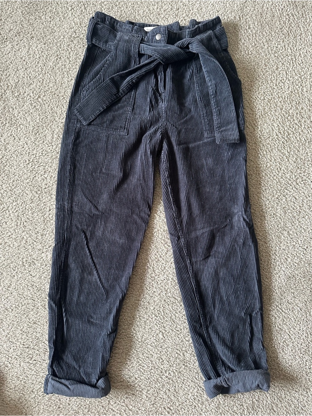 Topshop Black Corduroy Paperbag Waist Pants with Tie Belt